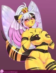 2019 anthro areola arthropod bee big_breasts blithedragon blush breasts crown eyelashes felid feline female hair hi_res hybrid hymenopteran insect_wings insects long_hair looking_at_viewer mammal nipples patreon pink_eyes pussy solo stinger url white_hair wings