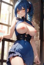 ai_generated bennia_orcus big_nipples blue_dress blue_hair blush braided_hair braided_ponytail breasts_exposed choker curled_hair hair_tied_back high_school_dxd huge_breasts ponytail short_dress thick_thighs waist_belt yellow_eyes