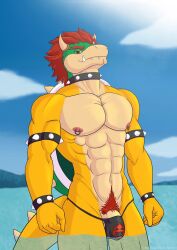 abs anthro balls_outline bowser bulge claws clothed clothing detailed_bulge eaglerick fangs genital_outline genitals hi_res horn male mario_(series) muscular muscular_anthro muscular_male nintendo nipple_piercing nipples pecs penis penis_base penis_outline piercing pubes pubes_exposed solo speedo swimwear teeth thong thong_only topless underwear underwear_only