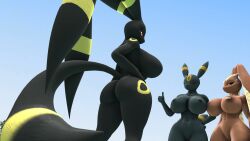 16:9 2023 3d_(artwork) anthro areola ass baek-myo big_breasts black_areola black_body black_nose black_sclera black_skin blue_eyes bodily_fluids breasts brown_areola brown_body brown_skin closed_eyes digital_media_(artwork) eeveelution fan_character female fur fusion generation_2_pokemon generation_4_pokemon genitals gesture group half-closed_eyes hand_gesture hand_on_hip hi_res hybrid hybrid_pokemon long_tail looking_at_another looking_at_viewer lopunny low-angle_view narrowed_eyes nintendo nipples nude nude_anthro nude_female pink_nose pokemon pokemon_(species) pussy red_eyes red_sclera sky source_filmmaker_(artwork) sweat sweatdrop tail thumbs_up trio umbreon warfare_lopunny warfare_machine warfare_umbreepunny widescreen yellow_body yellow_fur yellow_skin