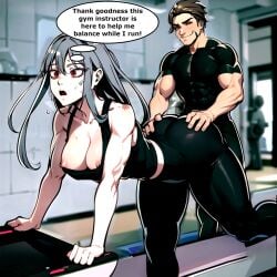 ai_generated areola_slip bent_over big_ass black_pants black_tank_top grabbing_another's_ass grabbing_from_behind groping groping_ass gym gym_clothes hero_killer ihwa large_breasts manhwa muscular_female nipple_slip oblivious red_eyes running silver_hair sweat thick_thighs treadmill tricked unaware webtoon
