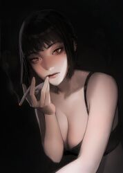 big_breasts cigarette cleavage female female_only light-skinned_female limart looking_at_viewer mole_under_eye original original_character painting_(artwork) pov