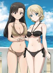 2girls bare_arms bare_belly bare_chest bare_legs bare_midriff bare_shoulders bare_skin bare_thighs beach belly belly_button bikini bikini_bottom bikini_only bikini_top black_bikini black_bikini_bottom black_bikini_top black_hair black_hair_female black_string_bikini black_swimsuit black_swimwear blonde_female blonde_hair blonde_hair blonde_hair_female blue_eyes blue_eyes_female blue_sky braid braided_bun braided_hair breasts breasts brown_bikini brown_bikini_bottom brown_bikini_top brown_eyes brown_eyes_female brown_string_bikini brown_swimsuit brown_swimwear cleavage coast collarbone darjeeling dot_nose elbows eyebrows_visible_through_hair female female_focus female_only fingers girls_und_panzer groin hair_between_eyes hand_on_another's_waist hand_on_waist high_resolution highres holding_hands hourglass_figure inoshira large_breasts legs light-skinned_female light_skin long_hair looking_at_viewer medium_breasts multiple_girls naked naked_female navel nishi_kinuyo nude nude_female ocean outdoors pussy sand sea seaside shiny_skin shoulders side-tie_bikini sideboob sky slender_body slender_waist slim_girl slim_waist smile smiling smiling_at_viewer standing string_bikini swimsuit swimwear thick_thighs thighs thin_waist underboob upper_body v-line wide_hips