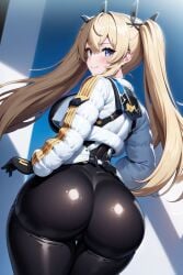 ai_generated ass ass_focus blonde_hair blue_eyes blush bodysuit breasts cameltoe female from_behind goddess_of_victory:_nikke hair_ribbon huge_ass jacket laplace_(nikke) large_breasts long_hair looking_at_viewer looking_back shiny shiny_clothes shiny_hair sideboob skin_tight smile solo twintails very_long_hair