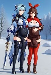 2futa 2futas ai_generated amber_(genshin_impact) balls_bigger_than_penis balls_under_clothes big_balls big_belly big_breasts big_penis big_testicles black_footwear black_hairband blue_hair blue_shorts blue_sky bodystocking boots brown_hair brown_shorts bulge cape civitai cleavage closed_mouth clothed clothing_cutout covered_navel day eula_(genshin_impact) flaccid flaccid_penis full-package_futanari full_bodysmile fully_clothed futa_only futa_with_futa futanari genshin_impact gloves hair_between_eyes hairband hand_on_own_stomach high_heel_boots high_heels holding holding_sword holding_weapon huge_balls huge_breasts huge_bulge huge_testicles leotard long_hair long_sleeves medium_hair mizuiro01 necktie nipples outdoors penis_under_clothes pregnant pregnant_futa red_ribbon ribbon short_shorts shorts shrug_(clothing) sky snow standing sword testicles thick_things thigh_boots thigh_strap tree uncensored vision_(genshin_impact) weapon wife_and_wife women