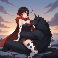 1boy 1girls ai_generated anthro beowolf_(rwby) female female_protagonist grimm_(rwby) human kastakanin male mommy monster ruby_rose rwby