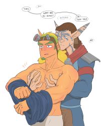 clothing facial_hair gay grabbing_pecs hydraulicacid jak jak_and_daxter male male_only pointy_ears shirtless speech_bubble torn_(j&d)
