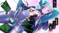 arms_behind_head bar_censor blue_eyes blush bodysuit breasts bulge calpish censored commentary_request covered_navel cowboy_shot dutch_angle erection erection_under_clothes eudie_(shadowverse) female futanari glowing_testicles grey_hair hairband holographic_interface jacket long_hair open_clothes open_jacket personality_excrement shadowverse shadowverse:_worlds_beyond small_breasts solo translation_request white_bodysuit