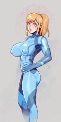 big_breasts blonde_hair breasts brellom female female_only fully_clothed hypnosis metroid nipple_bulge nipples_visible_through_clothing ponytail samus_aran shiny_clothes skinsuit sweating swirly_eyes tight_clothing visible_muscle zero_suit_samus