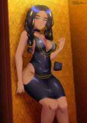 1girls black_hair blonde_highlights blue_eyes braided_hair choker cleavage dark-skinned_female dark_skin dress female_focus geeta_(pokemon) gold_jewelry handbag hip_vent indoors leaning_against_wall light_blush looking_at_viewer low-tied_long_hair medium_breasts nipple_bulge pokemon pokemon_sv purse seductive_look seductive_smile solo solo_female thick_thighs tight_clothing twin_braids wall wallpaper_(decoration) zel-sama