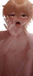 1boy absurdres aether_(genshin_impact) blonde_hair blush cum fellatio_gesture genshin_impact hair_between_eyes highres long_hair male_focus navel nipples open_clothes open_mouth open_shirt shirt solo stomach teeth tongue tongue_out vcoooh white_shirt yellow_eyes