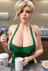 ai_generated angela_ziegler apron apron_only barista big_breasts blizzard_entertainment blonde_hair blue_eyes cleavage coffee coffee_cup coffee_mug coffee_shop counter galszip green_apron hd huge_breasts lactating lactating_nipples lactation lactation_through_clothes mercy milk milk_on_breasts milking mug on_counter overwatch overwatch_2 taking_order