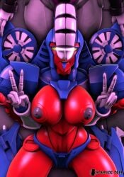 1boy 1girls 3d big_breasts black_nipples blue_panties blue_tongue breasts komradederp mechanical_wings nacelle nipples panties peace_sign penis penis_on_face red_skin robot robot_girl robot_humanoid tongue tongue_out transformers trawert wings yellow_eyes