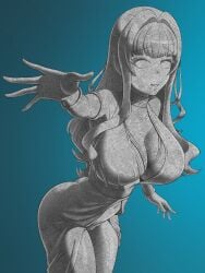 black_eyes breasts cleavage cleavage_overflow dolphin_wave hips kirahoshi_kanna large_breasts long_hair open_clothes open_mouth petrification reaching_towards_viewer stone_statue thick_thighs thighs tight_clothing worried_expression