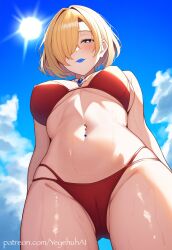 1girls ai_generated bare_shoulders bare_thighs beach belly_button belly_piercing bikini blonde_hair blue_lipstick blush breasts cameltoe cleavage eyes_half_closed from_below glowing_eyes large_breasts lipstick looking_at_viewer necklace nipples one_eye_obstructed original original_character piercing red_bikini seductive seductive_look seductive_smile shiny_skin short_hair smile standing summer sweat sweatdrop sweating thighs underboob yeyehuh