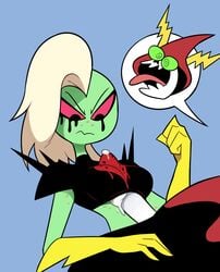 2019 4_fingers alien animated_skeleton annoyed armor big_penis black_clothing blue_background bone breasts clothing crop_top cum cum_between_breasts disney duo erection female female_focus freckles frown gloves green_sclera green_skin hair hi_res humanoid light_skin long_hair lord_dominator lord_hater male miscon no_irises noseless open_mouth outercourse paizuri paizuri_under_clothes pale_skin penis pink_sclera red_clothing red_tongue running_makeup running_mascara sex shirt shoulder_pads simple_background skeleton solo_focus straight tongue tongue_out topwear undead wander_over_yonder white_hair white_penis white_skin