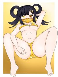 1girls barefoot black_hair breasts cleavage facemask female female_only long_hair low maid_miyu micro_bikini mouth_mask navel serving_tray solo twintails ultra_artu underboob