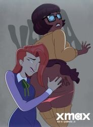 2girls big_ass big_butt brown_hair clothed clothing daphne_blake daphne_blake_(velma) dark-skinned_female dark_skin dat_ass female glasses gosgoz interracial light-skinned_female light_skin long_hair melanin multiple_girls orange_hair thick_thighs velma_(series) velma_dinkley velma_dinkley_(velma) yuri