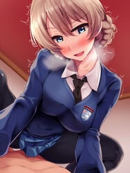 1boy bangs big_breasts black_legwear black_neckwear blonde_hair blue_eyes blue_skirt blue_sweater blush braid breasts clothed_female_nude_male cowgirl_position darjeeling dress_shirt emblem female girls_und_panzer head_tilt heavy_breathing highres indoors long_hair long_sleeves looking_at_viewer military military_uniform miniskirt necktie nksk nude open_mouth pantyhose pleated_skirt school_uniform sex shirt short_hair skirt smile st._gloriana's_school_uniform straddling straight sweater tied_hair trembling uniform v-neck vaginal_penetration white_shirt