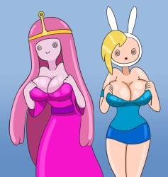 2girls adventure_time cartoon_network clothed clothed_female fionna_and_cake fionna_the_human_girl grabbing grabbing_own_breast hypnosis large_breasts princess_bubblegum swirly_eyes tagme warner_brothers