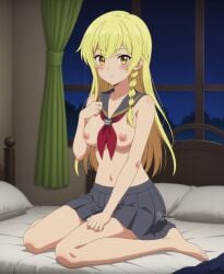 1female 1girls ai_generated almost_naked almost_nude balirossa bangs bed bedroom blonde_hair blonde_hair_female breasts commentary_request curtain demens_kippy english_commentary female female_only first_porn_of_character hi_res highres light-skinned_female light_skin long_hair long_hair_female lv2_kara_cheat_datta_motoyuusha_kouho_no_mattari_isekai_life medium_breasts nipples normal_breasts school_uniform skirt solo solo_female very_high_resolution wariza window yellow_eyes yellow_eyes_female