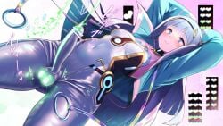 arms_behind_head bar_censor blue_eyes blush bodysuit breasts bulge calpish censored closed_mouth commentary_request covered_navel cowboy_shot cum dutch_angle ejaculation erection erection_under_clothes eudie_(shadowverse) female futanari glowing_testicles grey_hair hairband heart holographic_interface jacket long_hair open_clothes open_jacket personality_excrement shadowverse shadowverse:_worlds_beyond small_breasts smile solo white_bodysuit