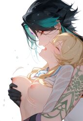 1boy 1girls ai_generated bare_arms bare_shoulders blonde_hair blush breasts closed_eyes female_orgasm genshin_impact green_hair groping groping_from_behind lumine_(genshin_impact) nipples saliva_trail tattoo tattooed_arm xiao_(genshin_impact)