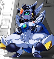 1girls abs android anus ass blue_anus blue_eyes blue_nipples blue_pussy blush bottomless breasts breasts_out_of_clothes clitoris female forehead_jewel green_sclera gundam humanoid hybrid jewelry kneeling large_breasts mecha mobile_suit muscle navel nipples no_mouth no_nose no_panties pochincoff purple_hair purple_skin pussy robot robot_girl sd_gundam sd_gundam_gaiden solo source_request spread_legs squatting uncensored valkyrie_gundam_hazel