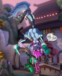 1boy 1girls absurd_res androxus_(paladins) anus ass ass_up big_breasts blue_fur breasts canid canine clothed clothing female fox fur hi-rez_studios hi_res lugavi mammal paladins pants pants_down partially_clothed pepper_(paladins) purple_hair pussy tail tail_grab unseen_male_face