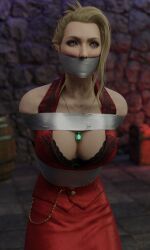 1girls 3d blonde_hair bondage breasts cleavage clothed_bondage final_fantasy final_fantasy_vii final_fantasy_vii_remake fully_clothed fully_clothed_female lord_kamski scarlet_(ffvii) tape_bondage tape_gag