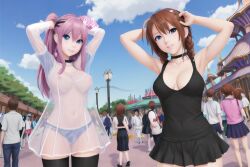 2girls ai_generated dress exhibitionism exhibitionist female female_only legwear medium_breasts public public_nudity see-through see-through_clothing skirt stable_diffusion theme_park topless underwear