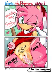 amy_rose anthro bottomless breasts censored cum cum_in_pussy cum_inside dialogue impregnation ovum panties panties_around_leg pussy solo sonic_(series) text tojyo underwear