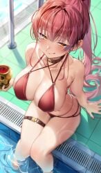 1girls amber_eyes big_breasts bikini breasts choker female_only high-angle_view highres hololive hololive_fantasy hololive_japan houshou_marine huge_breasts long_hair poolside rag76 red_bikini red_hair thigh_strap thighs virtual_youtuber vtuber