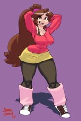 1girls 2017 aged_up big_breasts bimbo bra_strap breasts brown_eyes brown_hair cleavage darkeros13 disney disney_channel gravity_falls hands_behind_head happy leg_warmers leggings long_hair looking_at_viewer mabel_pines open_mouth ponytail sneakers sweater thedarkeros thick_thighs thighs wide_hips