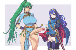 2futas athletic balls bare_legs belt big_balls big_breasts big_penis blue_eyes blue_hair blush breast_size_difference breasts cape clenched_teeth dress earrings erect_nipples erect_nipples_under_clothes erection exposed_penis fingerless_gloves fire_emblem fire_emblem:_the_blazing_blade fire_emblem_awakening flat_chest futa_only futa_sans_balls futa_with_futa futanari gloves green_eyes green_hair hair_ornament hand_on_hip highres huge_cock intersex jewelry kupocun large_breasts larger_futanari long_hair long_penis lucina_(fire_emblem) lyn_(fire_emblem) multiple_girls muscular_thighs nintendo nipples no_panties nopan pale-skinned_futanari pale_skin penis penis_size_comparison penis_size_difference penis_under_clothes ponytail precum simple_background size_difference skirt skirt_lift small_breasts small_penis small_penis_futa small_penis_humiliation smaller_futanari smile standing sword teeth testicles thick_thighs thighhighs tied_hair veins veiny_penis very_long_hair weapon