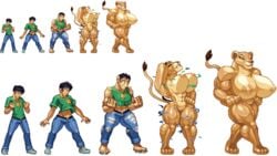 animal anthro big_breasts black_hair blue_pants breasts buff casetermk clothes_ripping clothing collar disney furry furry_breasts furry_tail gender_transformation genderswap green_shirt huge_breasts human human_to_anthro hyper_muscles lion muscles naked nala nude pixel pixel_art sequence smile smiley_face species_transformation the_lion_king transformation transparent_background white_shoes yellow_eyes