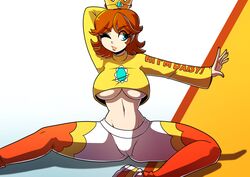 1girls alternate_costume blue_eyes brown_hair cameltoe catchphrase clothing crop_top crown female female_only hair kinkymation long_sleeves looking_to_the_side mario_(series) midriff navel nintendo one_eye_closed pants princess princess_daisy simple_background sitting solo underboob