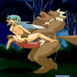 animated anthro beast bigger_male blue_hair brown_fur carrying carrying_partner erect_nipples fairy_fighting female forest huge_cock inminent_sex outside_sex peeing running smaller_female tiki_(fairy_fighting) werewolf white_skin