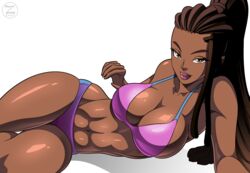 1girls absurdres bikini breasts brown_eyes cleavage cornrows dark-skinned_female dark_skin female hairlocs highres large_breasts lipstick long_hair looking_at_viewer lying makeup master_raven navel on_side outstretched_arm parted_lips simple_background skindentation smile solo swimsuit tekken toned white_background zafirydraw