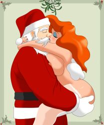 1boy 1girls ablackbear beard breasts closed_eyes clothed_male_nude_female cousin_mel cuddling cute embrace eyeshadow facial_hair female french_kiss grandma_got_run_over_by_a_reindeer holding hugging kissing lace male mature_male mistletoe mustache nipples nude red_hair santa_claus santa_costume santa_hat stockings white_hair