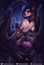 1girls 2019 ass back back_view background bare_shoulders big_ass big_butt big_lips black_wings butt clothed dress female female_focus female_only glowing_eyes league_of_legends long_ears long_hair looking_at_viewer looking_back luminyu makeup mascara mascara_tears morgana pointy_ears purple purple_eyes purple_hair purple_lipstick rear_view riot_games solo solo_focus wings