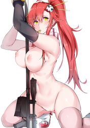 anti-materiel_rifle areolae between_breasts blush breasts bullet commentary commentary_request female gloves gun hair_ornament hair_stick highres innie_pussy kneeling large_breasts long_hair looking_at_viewer mouth_hold nipples nude pink_legwear ponytail pussy red_hair rifle shiny shiny_skin single_glove skull_hair_ornament sniper_rifle solo tengen_toppa_gurren_lagann thighhighs topless weapon yellow_eyes yoko_littner yuu-kun_(linke_hand)