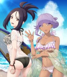 2girls alternate_costume ass bikini black_bikini black_hair bracelet breasts brown_eyes cleavage cloud collarbone cowboy_shot cross_scar dark-skinned_female dark_skin day dendra_(pokemon) earrings eyelashes female female_only hand_up jewelry looking_at_viewer min_(myna8247) multiple_girls navel nintendo open_mouth outdoors pokemon pokemon_(game) pokemon_sv purple_hair sand scar scar_on_face scar_on_forehead see-through shirt shore signature sky smile standing surfboard swimsuit transparent_clothing tulip_(pokemon) water wet wet_clothes wet_shirt