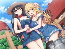 2girls black_hair blonde_hair blush breasts building cleavage cum hat hug long_hair multiple_girls nakamura_sumikage no_bra original phone ponytail red_eyes sideboob thighhighs tree wink