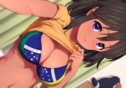 1girls big_breasts bikini black_hair blush brazil brazilian brazilian_flag breasts cleavage curtains dark-skinned_female dark_skin dutch_angle female female_only flag_bikini idolmaster idolmaster_cinderella_girls large_breasts latin_america latina lips looking_at_viewer medium_breasts natalia_(idolmaster) national_personification navel pettan_p presenting purple_eyes reaching selfie shirt shirt_lift short_hair smile solo swimsuit upper_body yellow_shirt