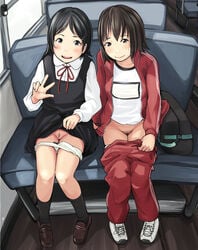 2girls bag black_hair black_legwear bow bow_panties bus clothing collarbone collared_shirt dress dress_lift female highres jacket lifted_by_self long_sleeves multiple_girls open_mouth original panties pants panty_pull pubic_hair pussy rensyu ribbon shirt shoes sitting smile track_jacket track_pants uncensored underwear upper_teeth w white_legwear white_shirt