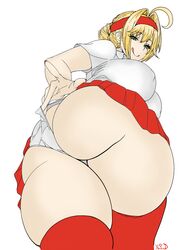 1girls adjusting_panties ahoge artist_request ass bangs blonde_hair erect_nipples erect_nipples_under_clothes fate/grand_order fate_(series) female female_only green_eyes half-closed_eyes headband huge_ass huge_breasts looking_at_viewer miniskirt nero_claudius_(fate) nero_claudius_(olympian_bloomers) skindentation smile tagme thick_thighs thighhighs tongue_out upskirt