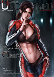 1girls abs alternate_costume blue_eyes bodysuit bra breasts brown_hair capcom claire_redfield cleavage dandon_fuga elza_walker female female_only jumpsuit lingerie lipstick looking_at_viewer magazine_cover midriff motorcycle_suit navel panties pinup ponytail red_lipstick resident_evil resident_evil_2 resident_evil_2_remake shushing solo toned toned_female track_suit