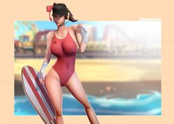 1girls 3d bathing_suit big_breasts bow breadblack cap clothing female female_only femscout human looking_away scout scout_(team_fortress_2) solo surfboard team_fortress_2 uncomfortable