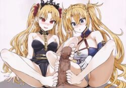 1boy 2girls absurdres asanagi ass barefoot blonde_hair blue_eyes blush bradamante_(fate) breasts censor_bar cleavage dark-skinned_male dark_skin double_footjob earrings erection ereshkigal_(fate) fate/grand_order fate_(series) feet ffm_threesome foot_fetish footjob hair_ribbon headdress heavy_breathing highres huge_breasts interracial jewelry large_ass large_breasts large_penis leotard long_hair male_pov multiple_girls nimji parted_lips penis penis_awe pointless_censoring pov precum red_eyes ribbon sitting teamwork text thick_thighs third-party_edit threesome toes translated twintails uncensored veins veiny_penis watermark wet wide_hips